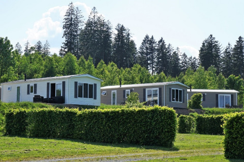 Cabañas modernas en Chalet Brilon del Camping & Ferienpark Brilon, rodeadas de arbustos y naturaleza verde.