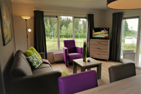 Salón en Chalet Brilon de Camping & Ferienpark Brilon, Alemania, con sofá, sillones y grandes ventanales.