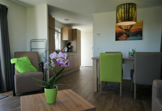 Sala moderna en Chalet Brilon, Camping & Ferienpark Brilon, Alemania, con detalles verdes y luz natural.