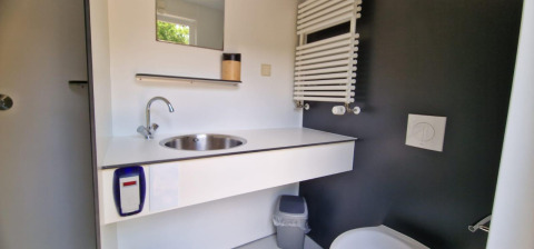 Baño de glamping moderno con lavabo redondo, inodoro, espejo, radiador toallero y decoración blanca.