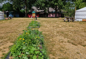 Foto di un alloggio glamping con due yurte, orto e tavoli da picnic su un prato assolato.