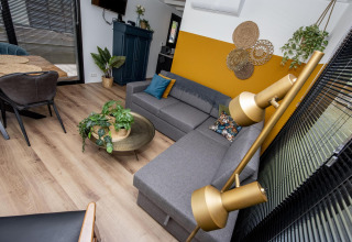 Moderne woonkamer op Houseboat De Waterparel in Friesland met grijze sofa, planten en opvallende decoratie.