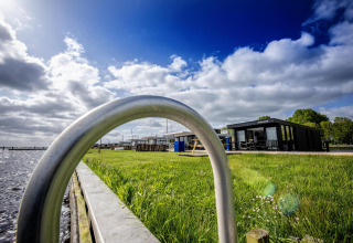 Houseboat 'De Waterparel' at Welcome In - Friesland, Netherlands, beside grass and waterfront.