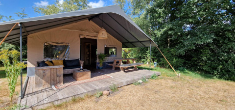Tenda safari allo Zomerlicht nei Paesi Bassi con terrazza in legno, tavolo da picnic e spazio relax.