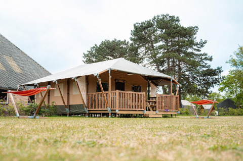 Tente safari Villatent Cottage au Vakantiepark De Nollen aux Pays-Bas, avec hamacs sur la pelouse.