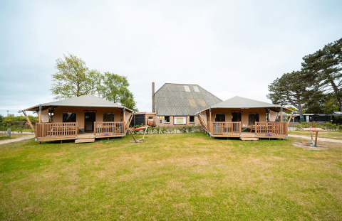 Villatent Cottage Safarizelt im Vakantiepark De Nollen, Niederlande, mit grünem Rasen im Vordergrund.