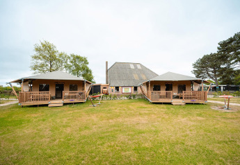 Tente safari Villatent Cottage à Vakantiepark De Nollen, Pays-Bas, avec pelouse verte devant.