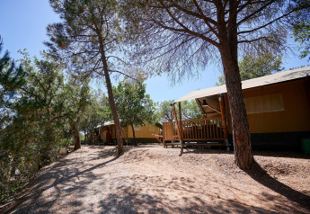 Safari tent Villatent Nomad at Camping Leï Suves in France, nestled among trees on a sunny day.