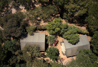 Vue aérienne de deux tentes safari au Camping Leï Suves en France, cachées sous les arbres.