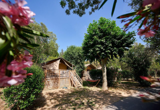 Tienda safari Villatent Nomad en Camping Les Pêcheurs, Francia, rodeada de árboles verdes y flores coloridas.