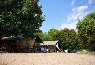 Tienda safari Villatent Nomad en Camping Le Petit Trianon, Francia, rodeada de árboles y coches.