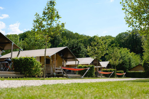 Tiendas safari con terraza y hamacas en Camping 't Geuldal, rodeadas de vegetación en los Países Bajos.
