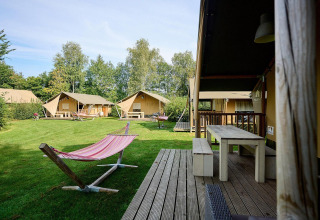 Safaritenten Villatent Nomad en een hangmat op Camping de Papillon in Nederland, omringd door groen.
