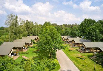 Vista aérea de tiendas safari Villatent Nomad en Parc de Witte Vennen, rodeadas de vegetación en los Países Bajos.