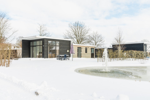 Forest Lodge glamping accommodation in winter, modern cabin with large windows, snow and pond view.