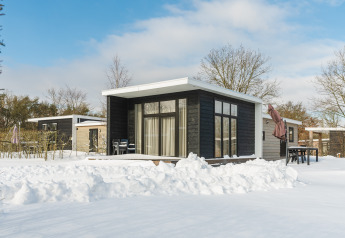 Moderne tiny house Forest Lodge i sneen på Vakantiepark Hölte, Holland, omringet af træer og blå himmel.