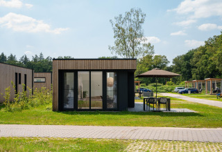 Moderna Oak lodge con ampie vetrate e terrazza a Vakantiepark Hölte, immersa nella natura nei Paesi Bassi.