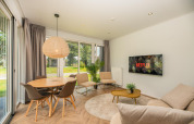 Modernes Wohnzimmer in der Oak Lodge im Vakantiepark Hölte, Niederlande, mit Netflix auf dem Fernseher.