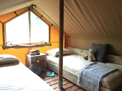 Interior de glamping acogedor con dos camas individuales, mesa de madera, oso de peluche y ventana grande.