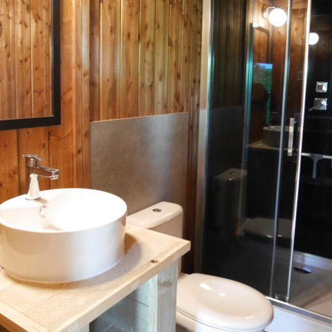 Baño moderno en alojamiento glamping con paredes de madera, lavabo redondo, inodoro y ducha acristalada.