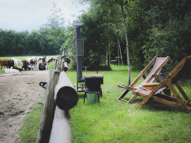Chaises de détente et barbecue à Feather Down De Lange Weide, vaches paissant sur l’herbe verdoyante.