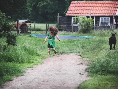 Niña corre por un sendero en Feather Down De Lange Weide, rodeada de césped verde y animales de granja.