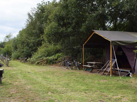 Foto del parque de vacaciones Feather Down De Lange Weide en Drenthe, Países Bajos, con tienda y bicicletas.