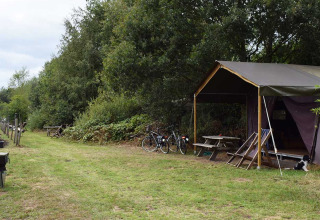 Foto van vakantiepark Feather Down De Lange Weide in Drenthe, Nederland, met tent, fietsen en picknicktafel.