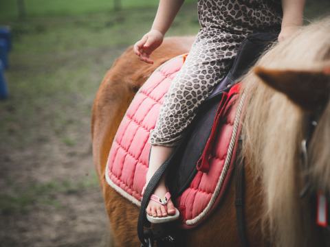 Een kind in luipaardpak rijdt op een pony met roze zadeldek bij Feather Down De Lange Weide, Drenthe.
