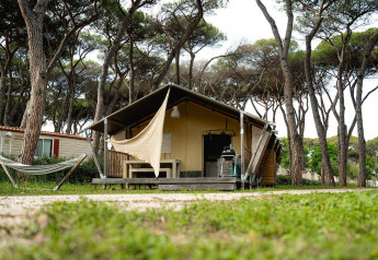Safaritent Villatent Nomad op Camping Roma Capitol in Italië, met pijnbomen en een hangmat in beeld.