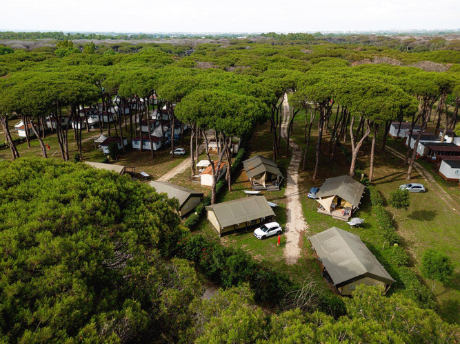 Vista aérea de las tiendas safari Villatent Nomad entre pinos en Camping Roma Capitol en Italia.