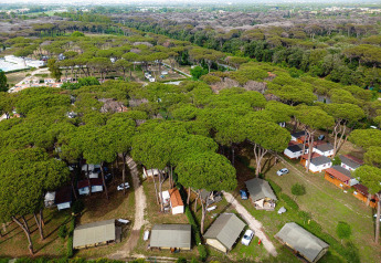 Vista aérea de las tiendas safari Villatent Nomad en Camping Roma Capitol, Italia, entre frondosos árboles.