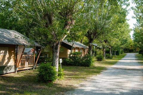 Tienda safari Villatent Nomad en Camping La Chiocciola, Italia, con árboles y senderos tranquilos alrededor.