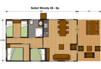 Floor plan of Safari Woody 49-6p safari tent at Holiday park Eigen Wijze with three bedrooms and living area.