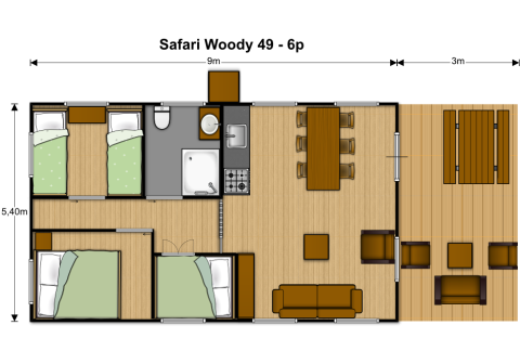 Plan du Safari Woody 49-6p, tente safari du parc Holiday Eigen Wijze, trois chambres et séjour spacieux.