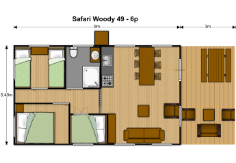 Plan du Safari Woody 49-6p, tente safari du parc Holiday Eigen Wijze, trois chambres et séjour spacieux.
