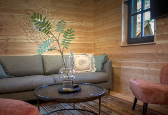 Sfeervolle lounge bij Heydehuis glamping met houtwanden, moderne bank, glazen vaas en zachte stoelen.