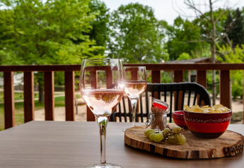 Twee glazen roséwijn, chips en druiven op een tafel buiten bij de Heydehuis glampingaccommodatie.