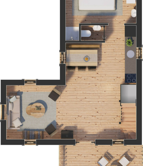 Floor plan of Heydehuis lodge at Sandberghe, Netherlands, showing living, dining, and bedroom areas.
