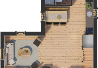 Floor plan of Heydehuis lodge at Sandberghe, Netherlands, showing living, dining, and bedroom areas.