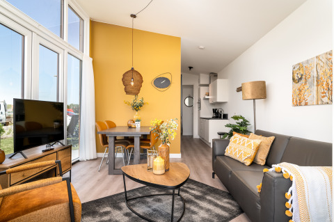 Modern living room inside tiny house Knilles at Tusken de Marren, Netherlands, stylish with yellow accents.