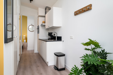 Modernes, kleines Kücheninterieur in einem Tiny House bei Knilles, Tusken de Marren, Niederlande.