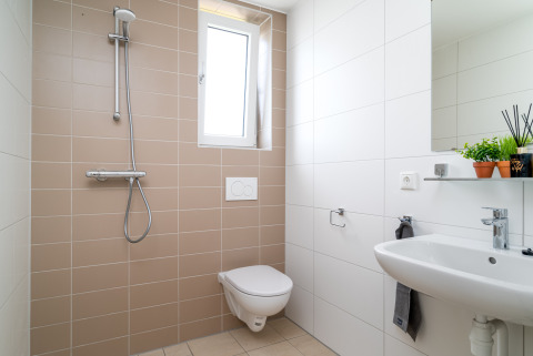 Modernes kleines Badezimmer mit Wandtoilette, Waschbecken und Dusche im Knilles, Tusken de Marren, Niederlande.