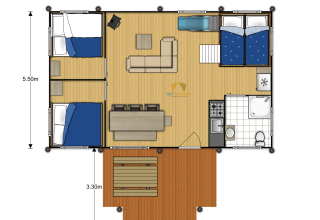 Plattegrond van een Stuuflodge safaritent bij Kampeerdorp de Zandstuve, Nederland, met kamers en indeling.