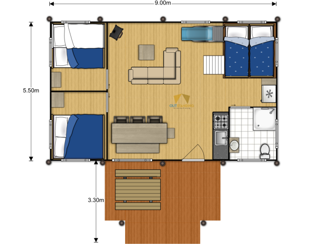Plano de una tienda safari Stuuflodge en Kampeerdorp de Zandstuve, Países Bajos, con distribución de espacios.