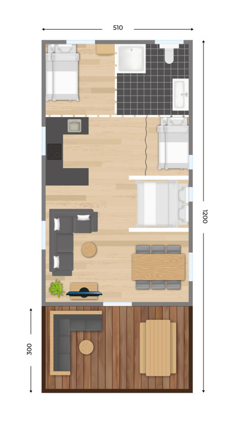 Plano de Stuuflodge Bella, tienda safari en Kampeerdorp de Zandstuve, Países Bajos, con dimensiones y muebles.