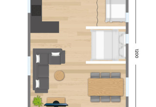 Plano de Stuuflodge Bella, tienda safari en Kampeerdorp de Zandstuve, Países Bajos, con dimensiones y muebles.