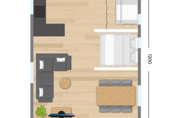 Grundriss des Stuuflodge Bella Safari-Zeltes im Kampeerdorp de Zandstuve, Niederlande, mit Maßen und Möbeln.