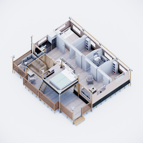 Plano 3D del interior de la tienda safari Stuuflodge DeLuxe en Kampeerdorp de Zandstuve, Países Bajos, con mobiliario.