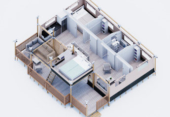 Plano 3D del interior de la tienda safari Stuuflodge DeLuxe en Kampeerdorp de Zandstuve, Países Bajos, con mobiliario.